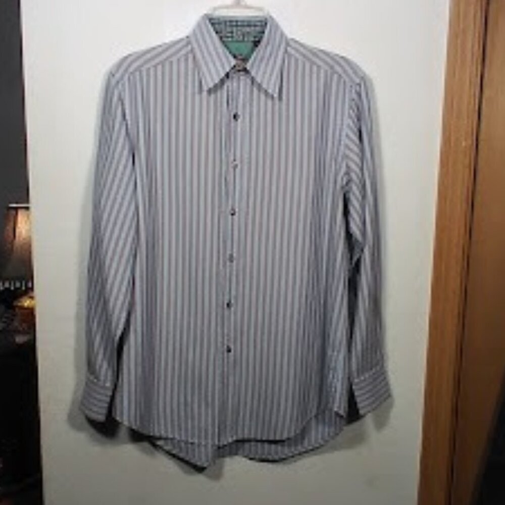 Robert Graham Button Up Shirt Men's Size small Blue  Brown Stripe 100% Cotton